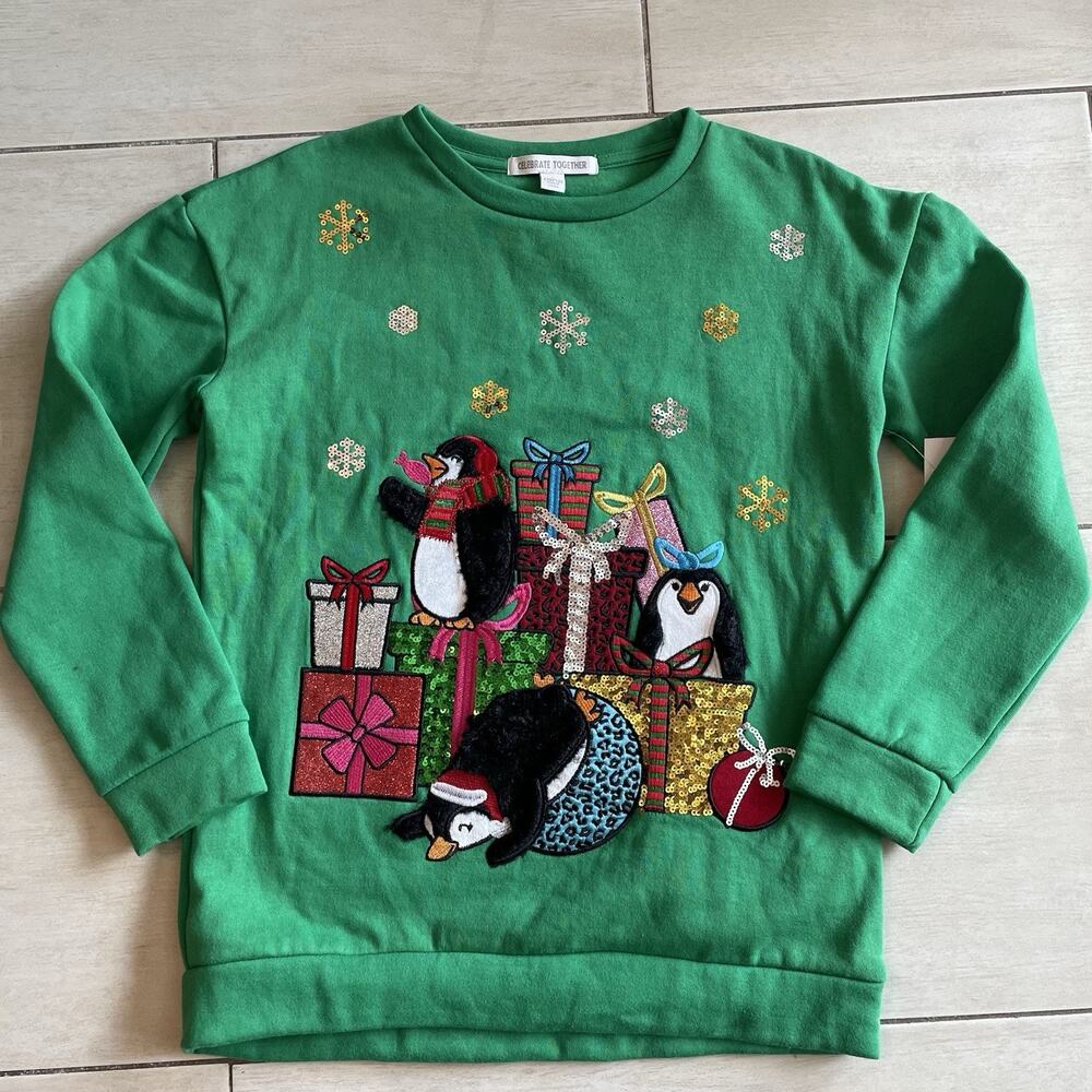 NEW CELEBRATE TOGETHER CHRISTMAS PENGUIN SWEATER SZ LARGE (10/12) KIDS! - 0299